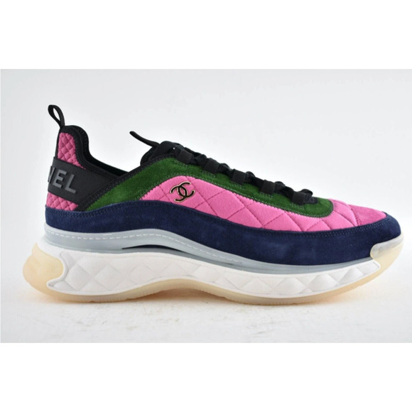 Chanel 21K Men Pink Blue Green White Black CC Logo Low Top Trainer Sneaker 44 11 - Picture 1 of 10